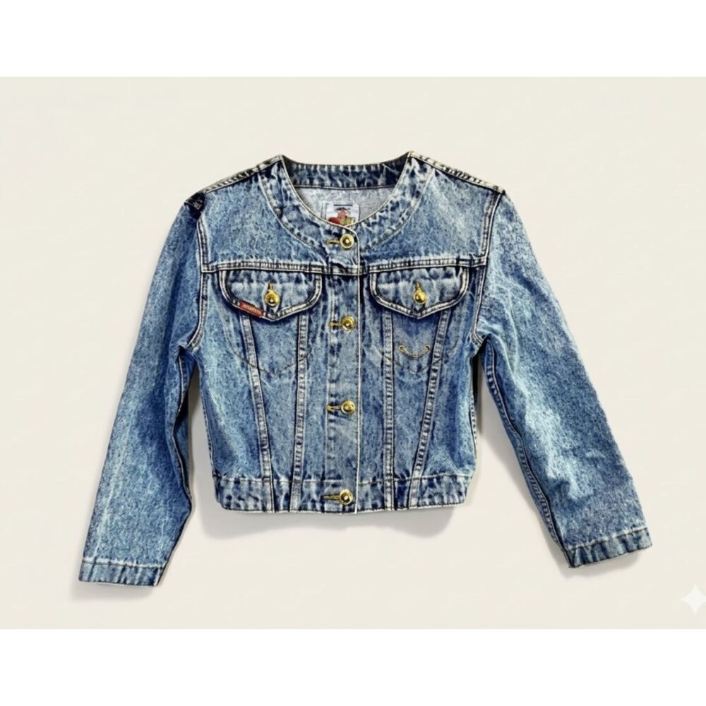 Vintage 80s Jordache Gold Cropped Acid Wash Denim Jacket Gold Buttons Size Large